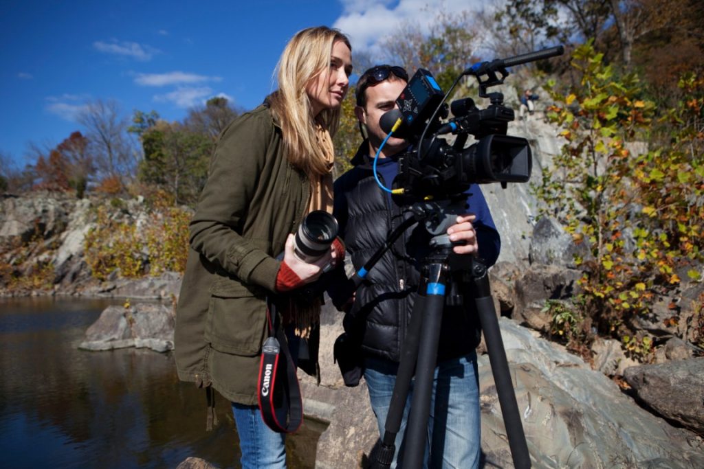 Alexandra Cousteau and Ian Kellett set up a shot on the river banks of the Potomac, at the heart of the Potomac River Gorge, near Great Falls.Alexandra Cousteau and the Expedition Blue Planet crew were in the area working on the Expedition's film on the Chesapeake Bay water system.© Blue Legacy/Oscar Durand