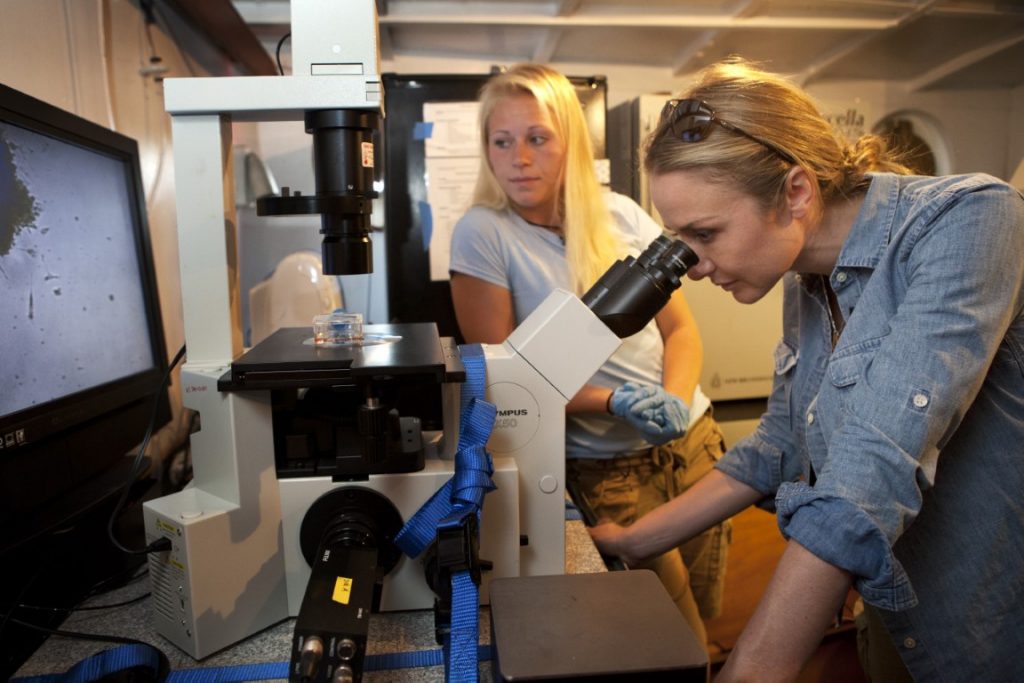 Alexandra Cousteau looks at cultured whale cells with Cathy Wise environmental health and toxicology student on board the Odyssey, the Ocean Alliance's whale research sailing ship. Oscar Durand/Expedition Blue Planet